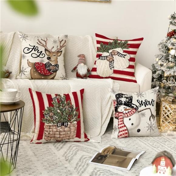 Christmas Snowman Reindeer Gloves Eucalyptus Red Throw Pillow Covers, 20 x 20 In - Picture 2 of 7